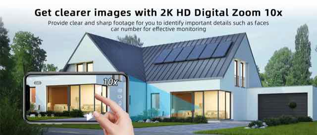 Promotional image showing a modern house exterior with a smartphone app zooming in on the home’s windows and front garden, highlighting 2K HD digital zoom 10x for security monitoring.